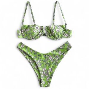 ZAFUL 2pc Green Swimsuit Tiny White Floral V-Wired High Leg Bikini Swimwear Sz S